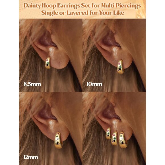 3Pairs Chunky Lightweight Hypoallergenic MultiColored 14K Gold Huggie Earrings - Picture 4 of 8